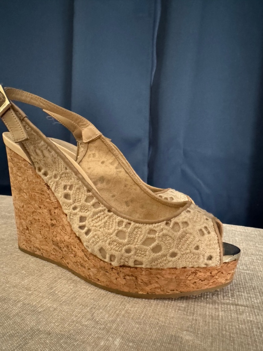 Jimmy Choo Beige Crochet Cork Wedge Slingbacks